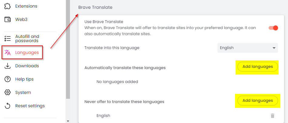 Brave Translate settings