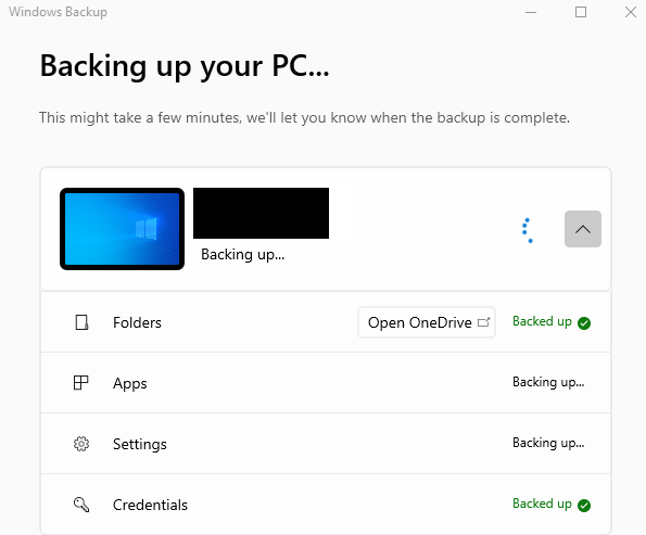Backup in progress with the Windows Backup tool