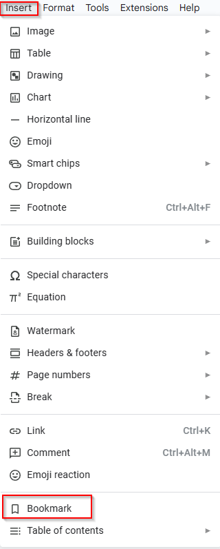 access bookmarks menu in google docs