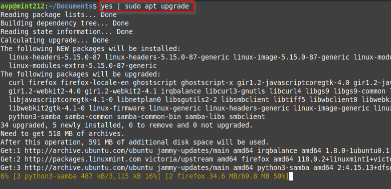 yes command for unattended installation and upgrading of packages