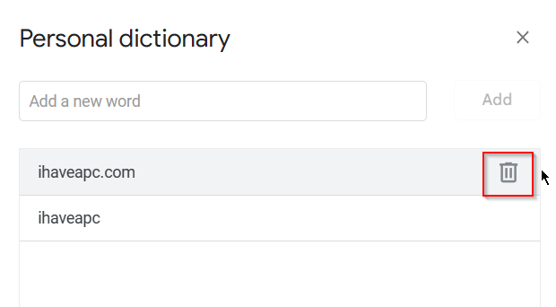 added words can be deleted too from the personal dictionary in google docs