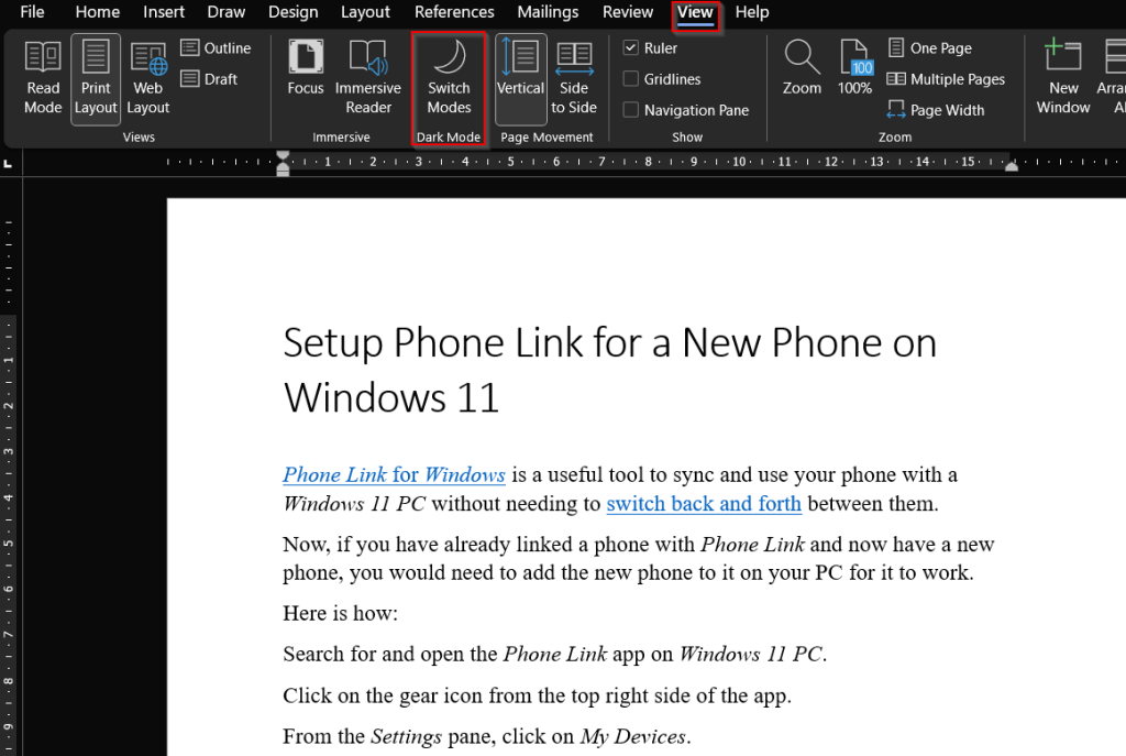 Switch modes and background color in Word online