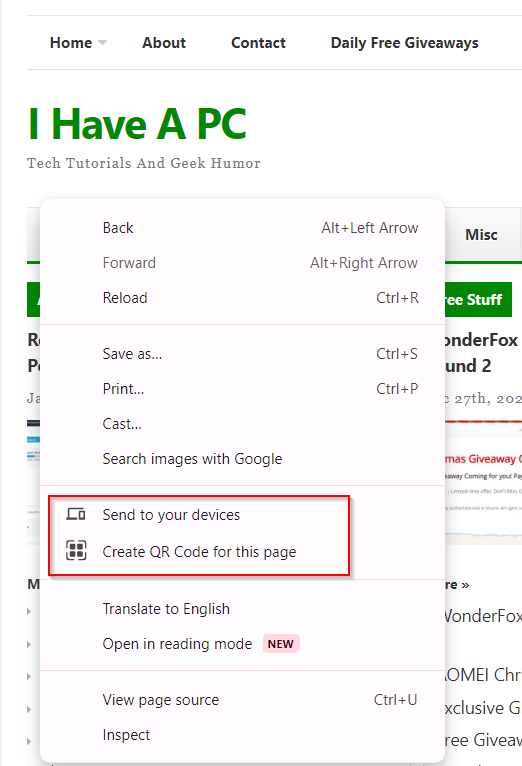 right click anywhere on a web page to send it between different devices or to create a QR code in Chrome