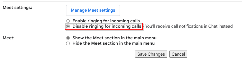 Turn off ringing for incoming calls in Google Meet