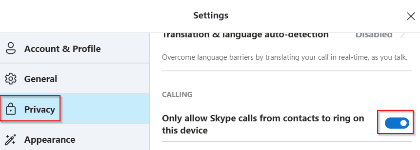 Skype Web call privacy settings