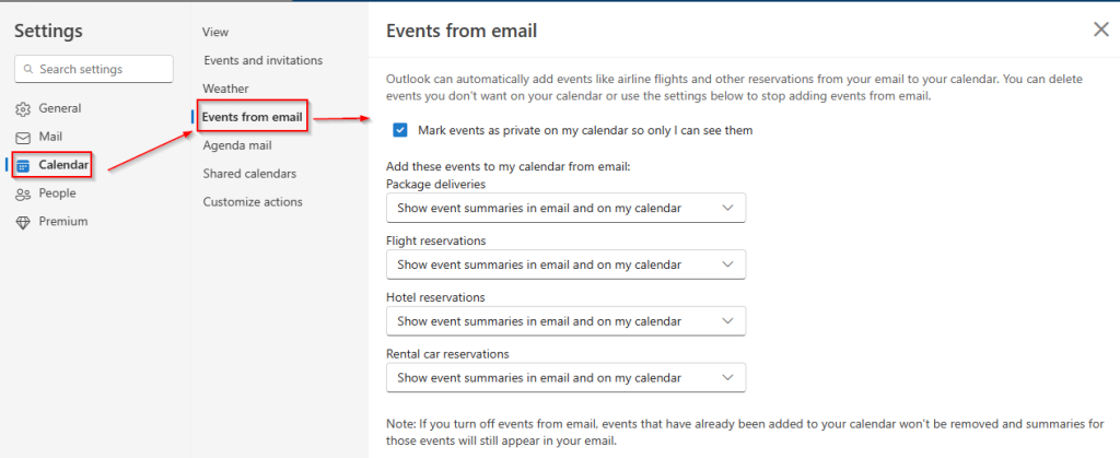 Events from email settings in outlook web