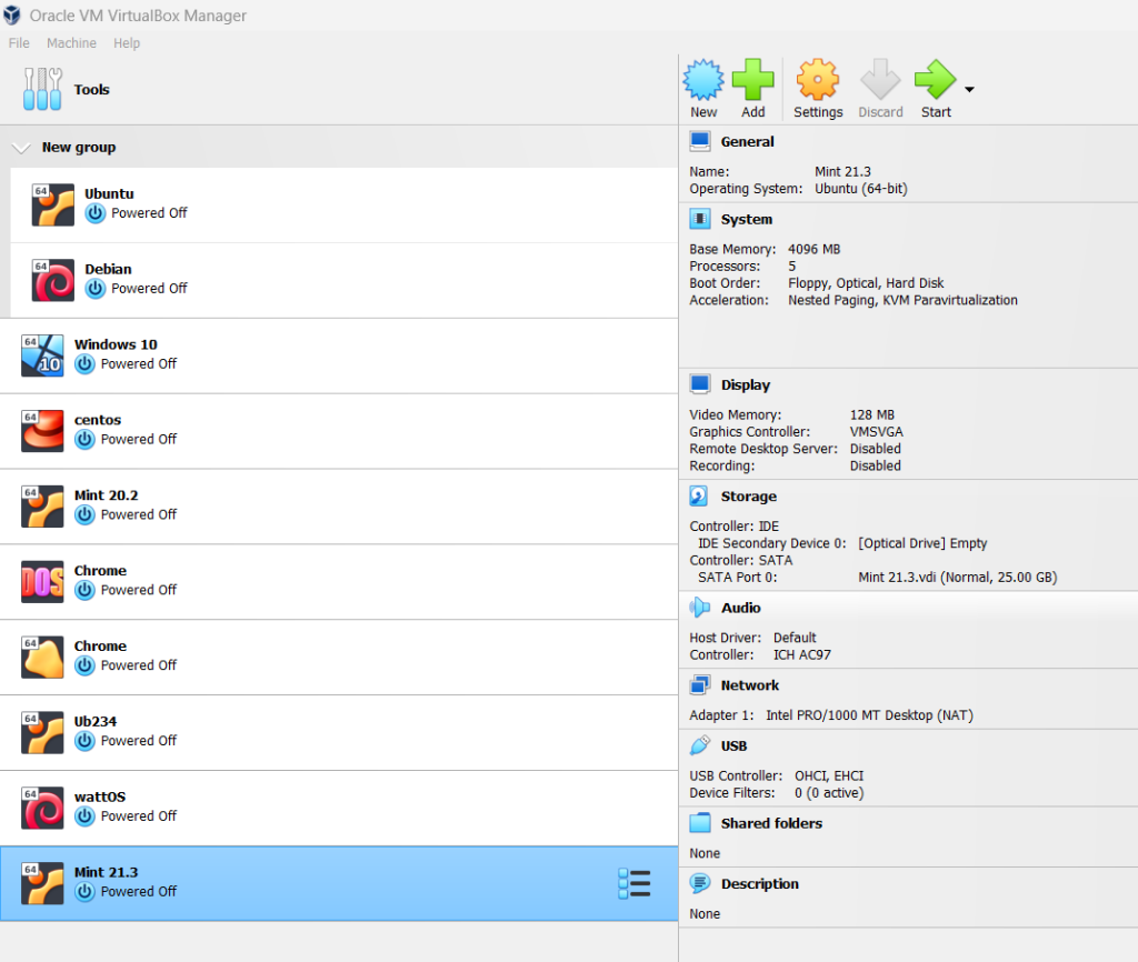 Create different VMs with OSes in VirtualBox