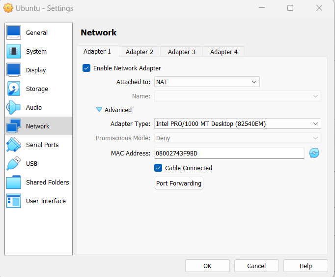 VirtualBox network settings