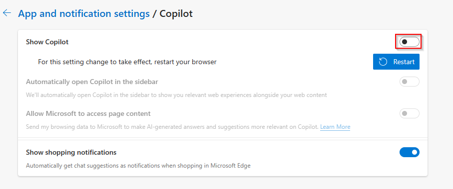 Toggling Copilot in Edge sidebar requires a browser restart