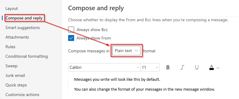 plain text mode in outlook web
