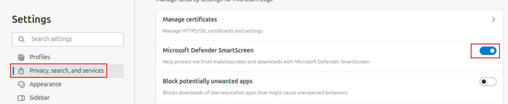 privacy, search and services settings in Edge browser