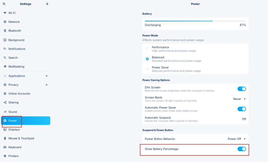 zorin os power settings