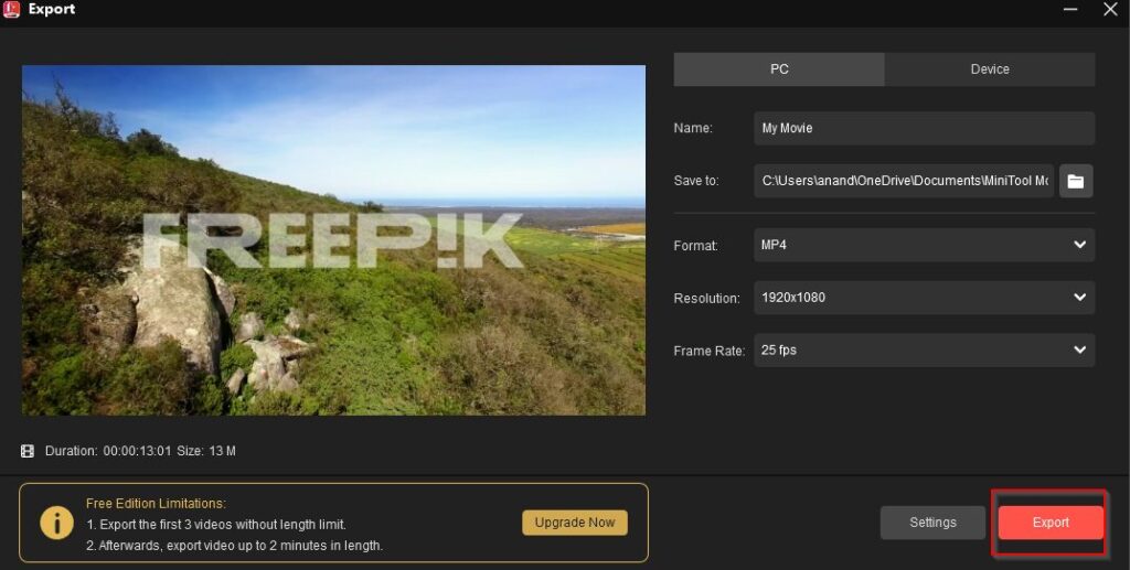 export video in MiniTool MovieMaker 8.1