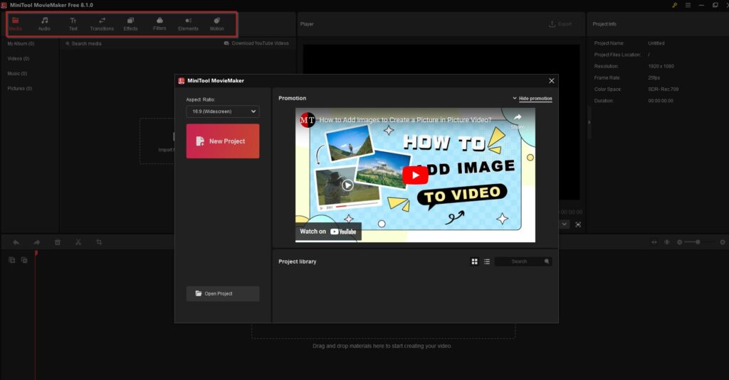 main interface of Minitool MovieMaker 8.1 