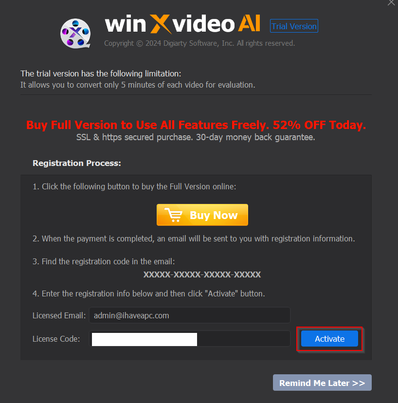 activating Winxvideo AI giveaway license
