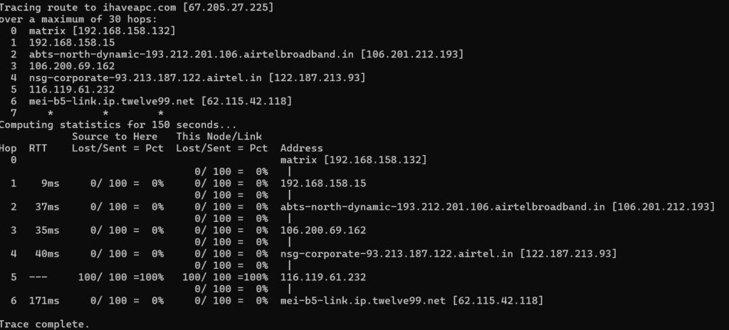 pathping output in windows