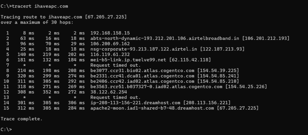 tracert output in windows
