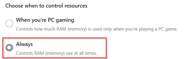 always on option for resource controls in edge browser