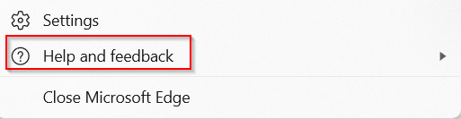 help and feedback menu in edge browser