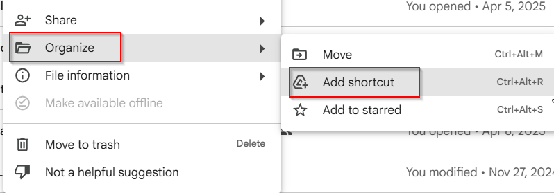 select the file to create a shortcut for in google drive