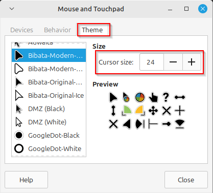 changing the mouse pointer look and size in linux mint