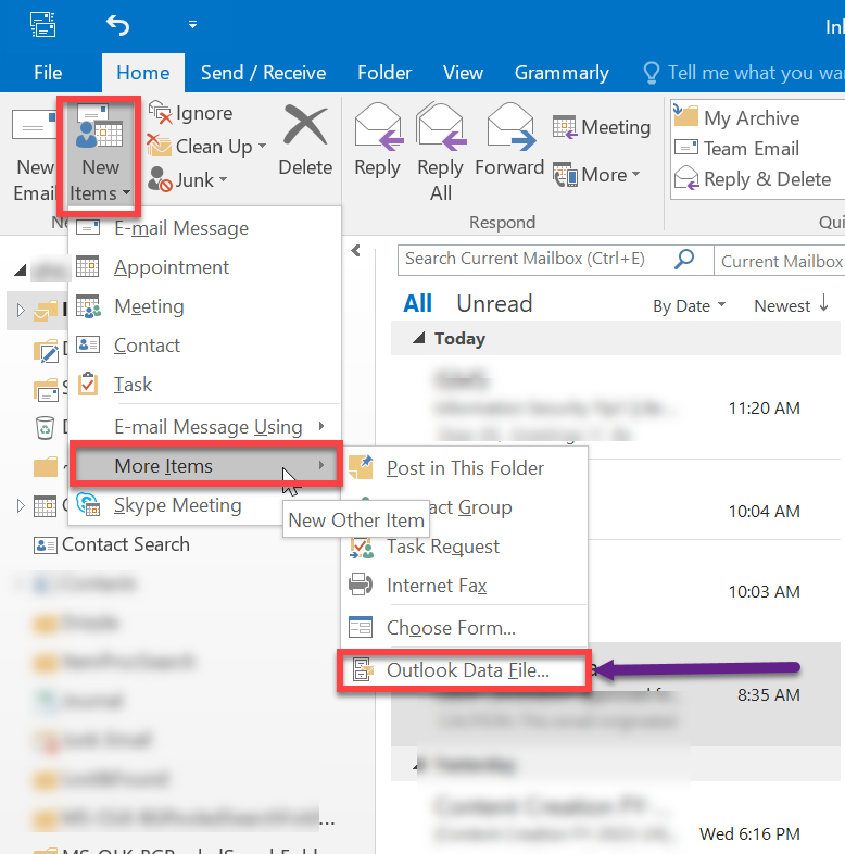 navigating to outlook data file