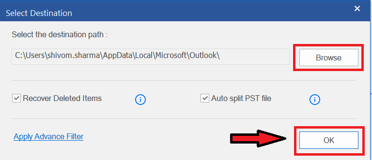 choose the destination path for saving the pst file
