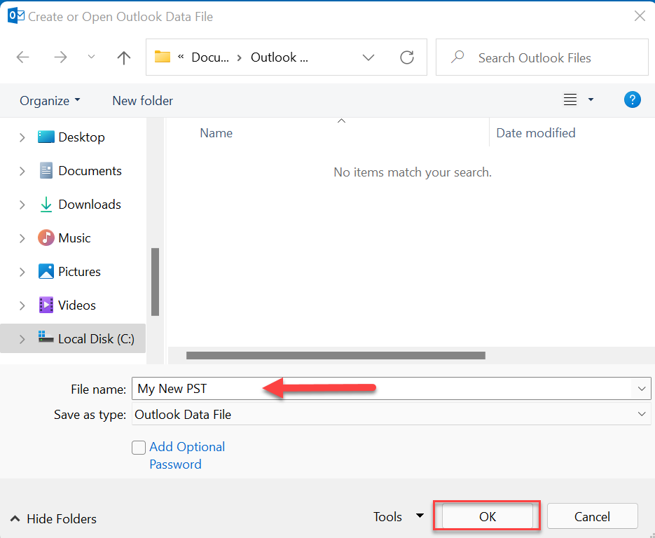 create or open outlook data file
