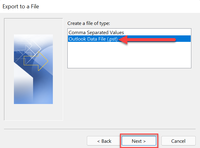 export as pst