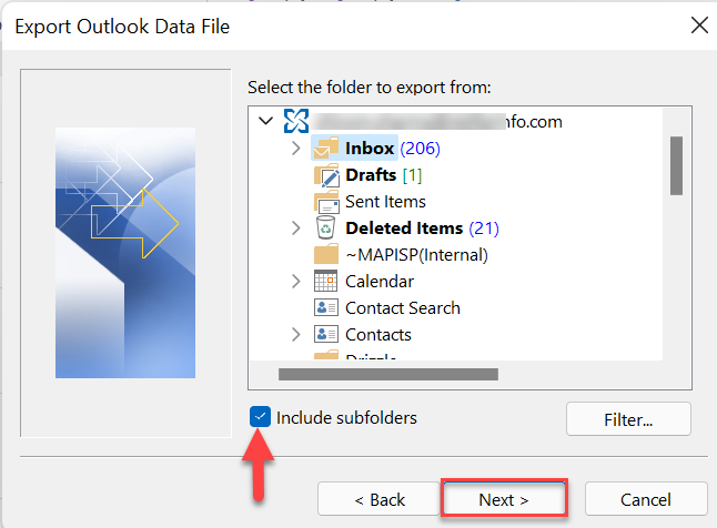 folder to export for mails