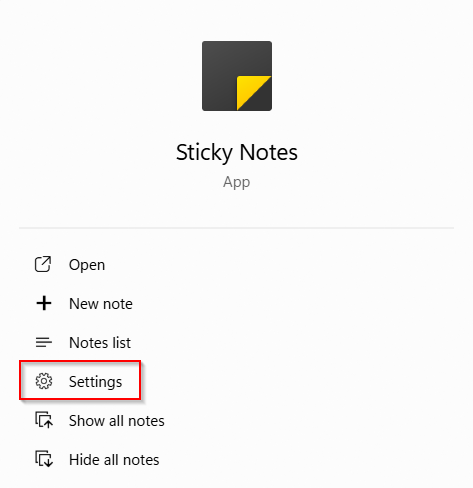 sticky notes settings from windows 11 search box