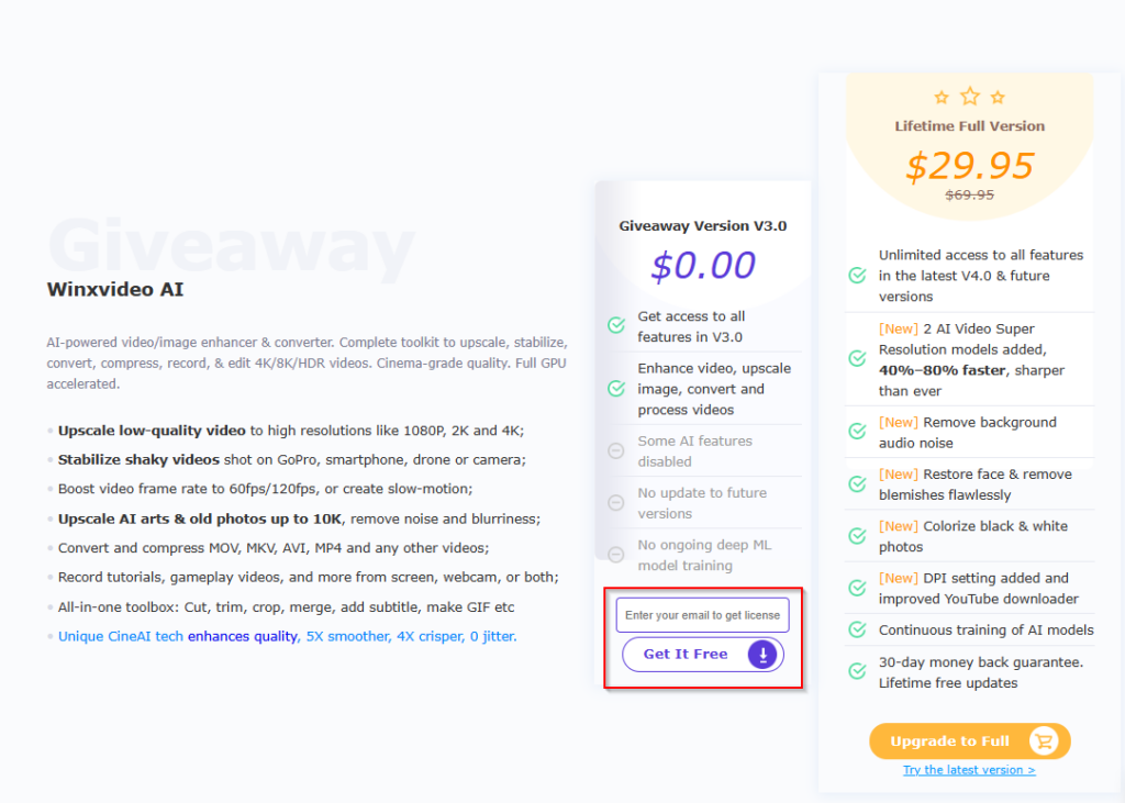 enter email to get the download link and license of winxvideo ai