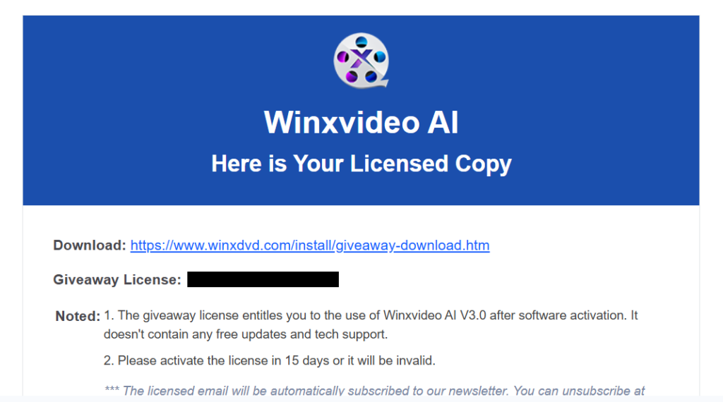 Winxvideo AI license and activation email