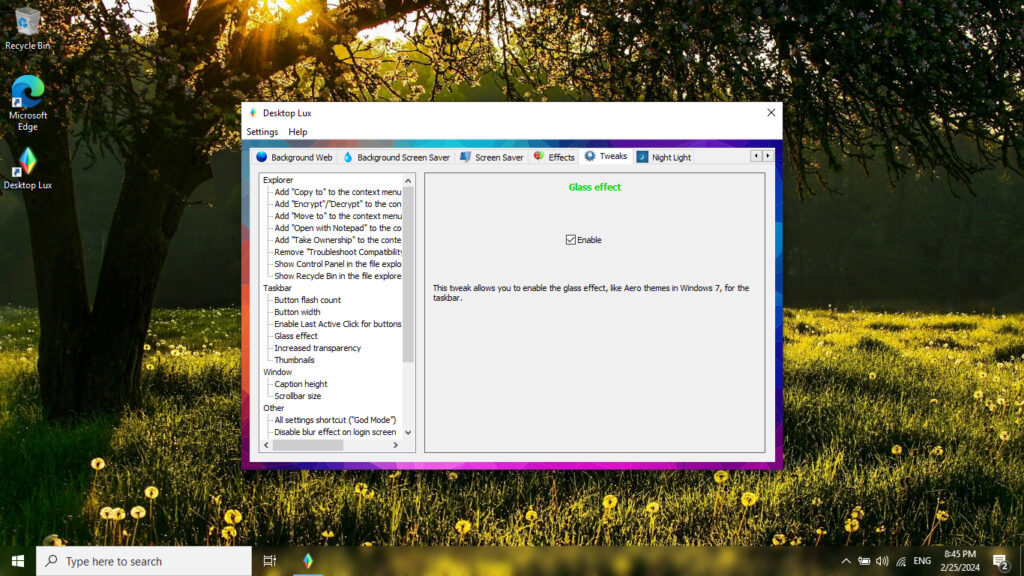 tweaks menu in desktop lux