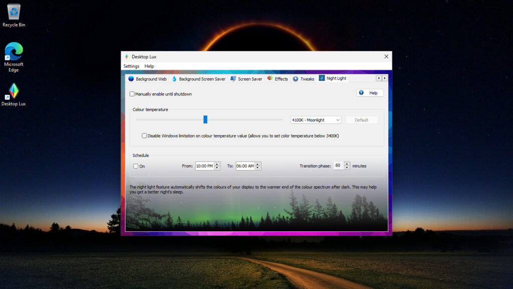 night light menu in desktop lux