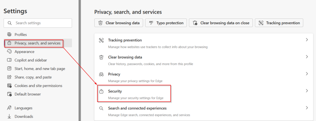 accessing Edge security settings