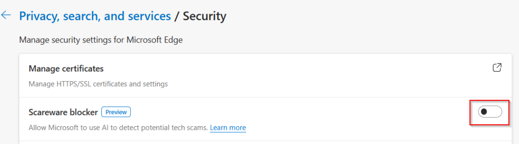 Scareware blocker in Edge browser