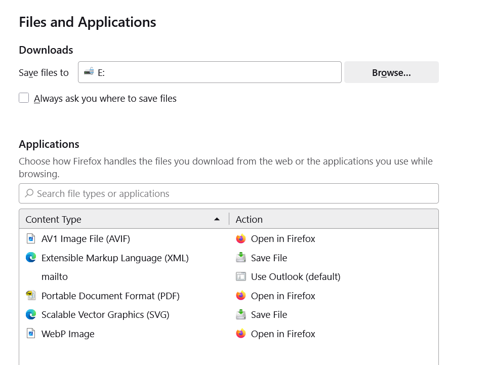 firefox applications settings