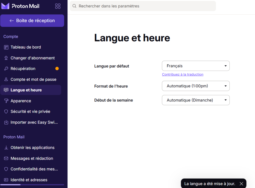 changing the display language in proton mail