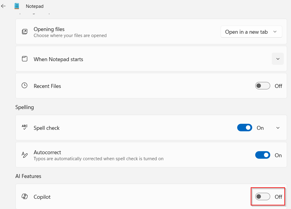 toggle copilot for windows 11 notepad