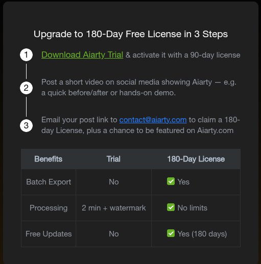 180 day free license of aiarty video enhancer