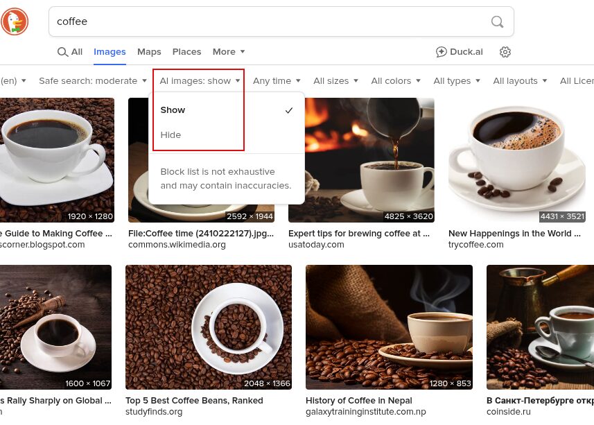 AI images are enabled in search by default
