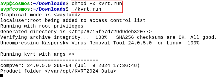 making the kvrt for linux file executable and running it