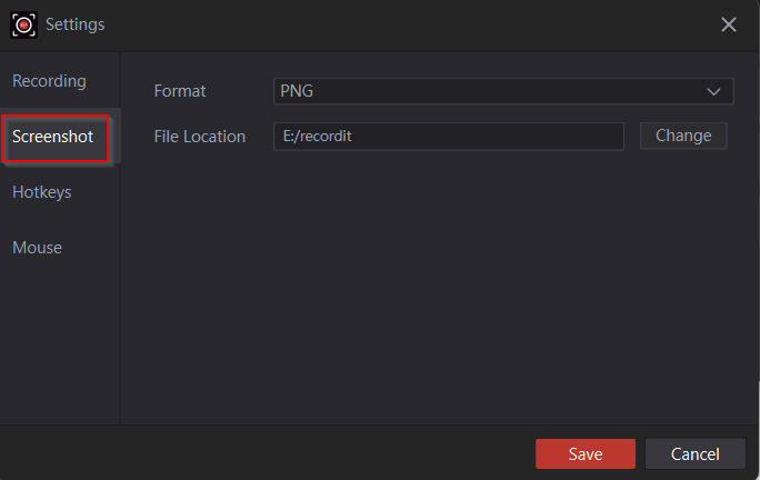 changing screenshot image type and file path