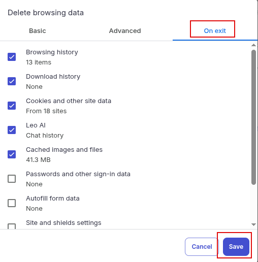 choosing browsing data to delete on exit in brave browser