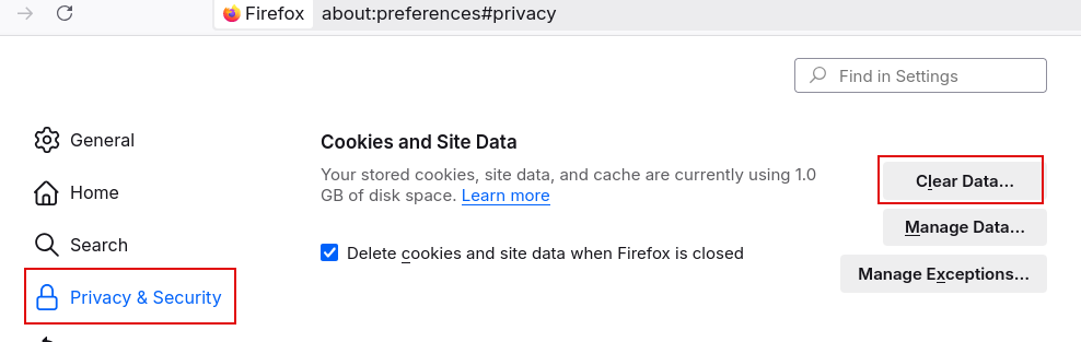 accessing firefox settings to clear browsing data
