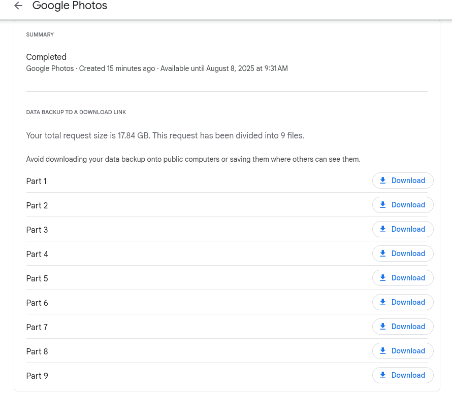 list of backup files from google photos available for download