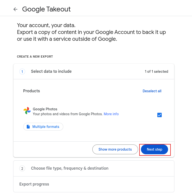 google takeout page for google photos
