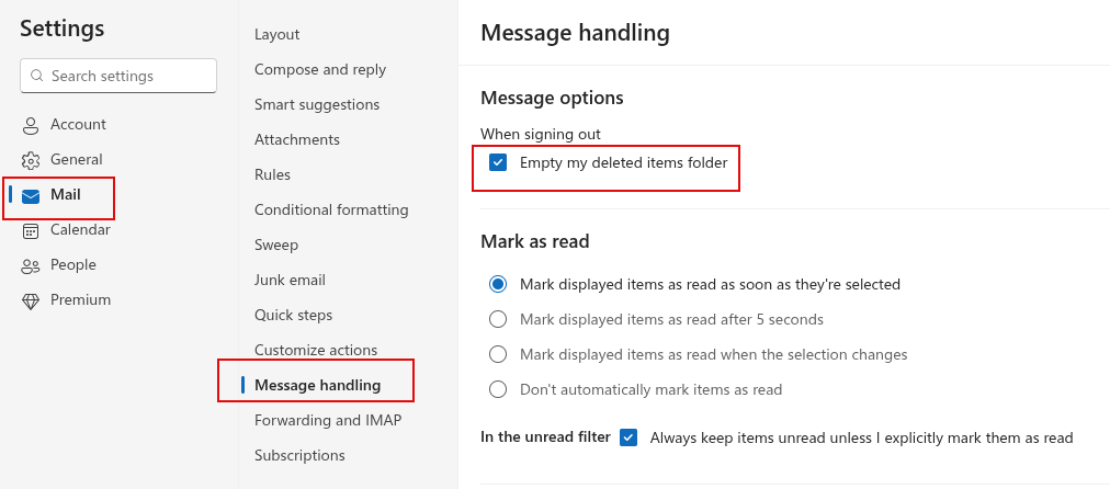 enable auto-emptying the deleted items folder on signing out of outlook
