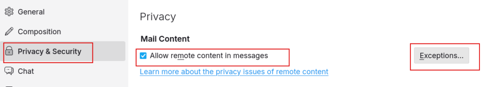 managing remote content preferences in thunderbird